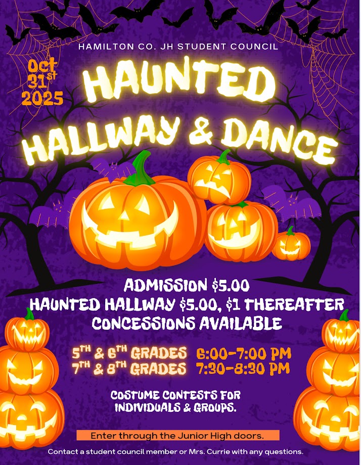 Student Council will be having a Haunted Hallway and Dance next Friday, Oct. 31st!!